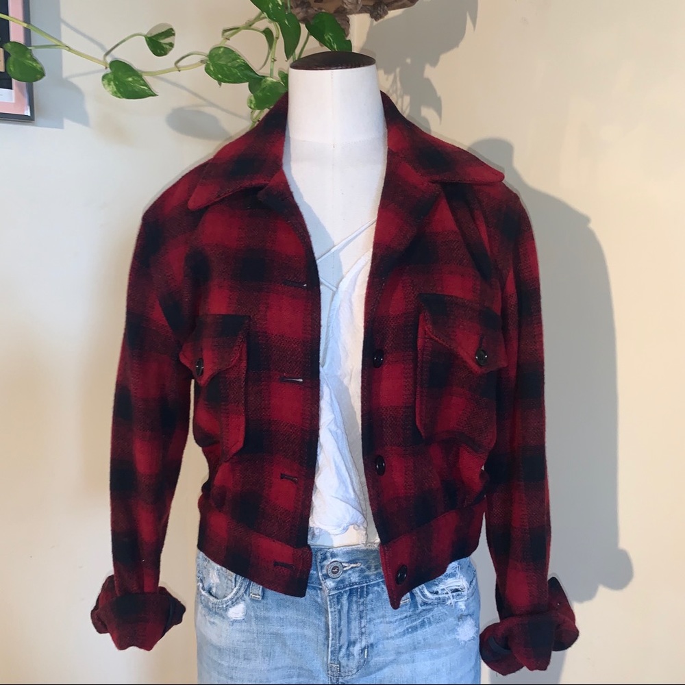Cropped Check Plaid Wool Jacket